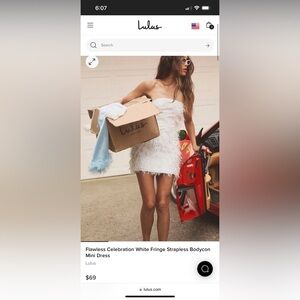Lulu’s “Flawless Celebration White Fringe Strapless Bodycon Mini Dress”